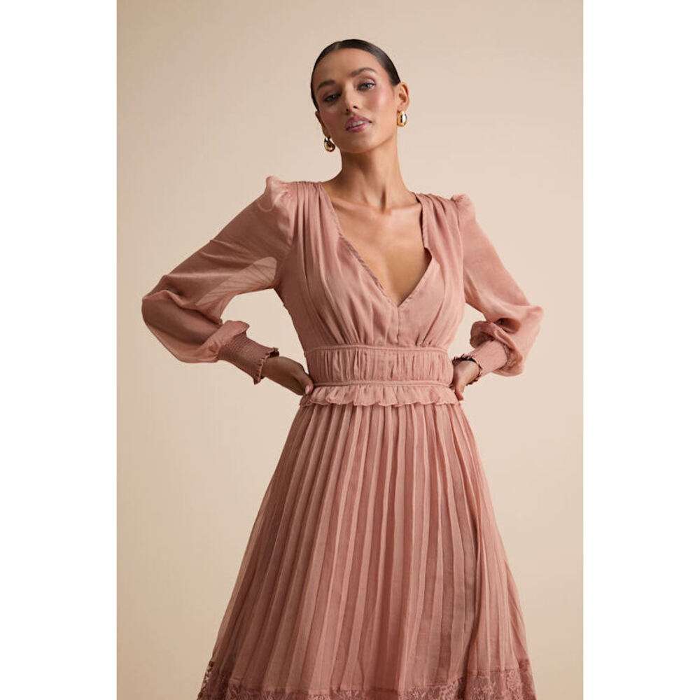Lulus Cambree Mauve Pink Pleated Blouson Sleeve Lace Midi Dress - Size M